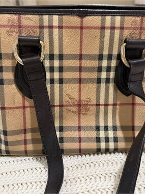 Burberry Beige Black Red Classic Check Tote with Dark Brown Leather Trim